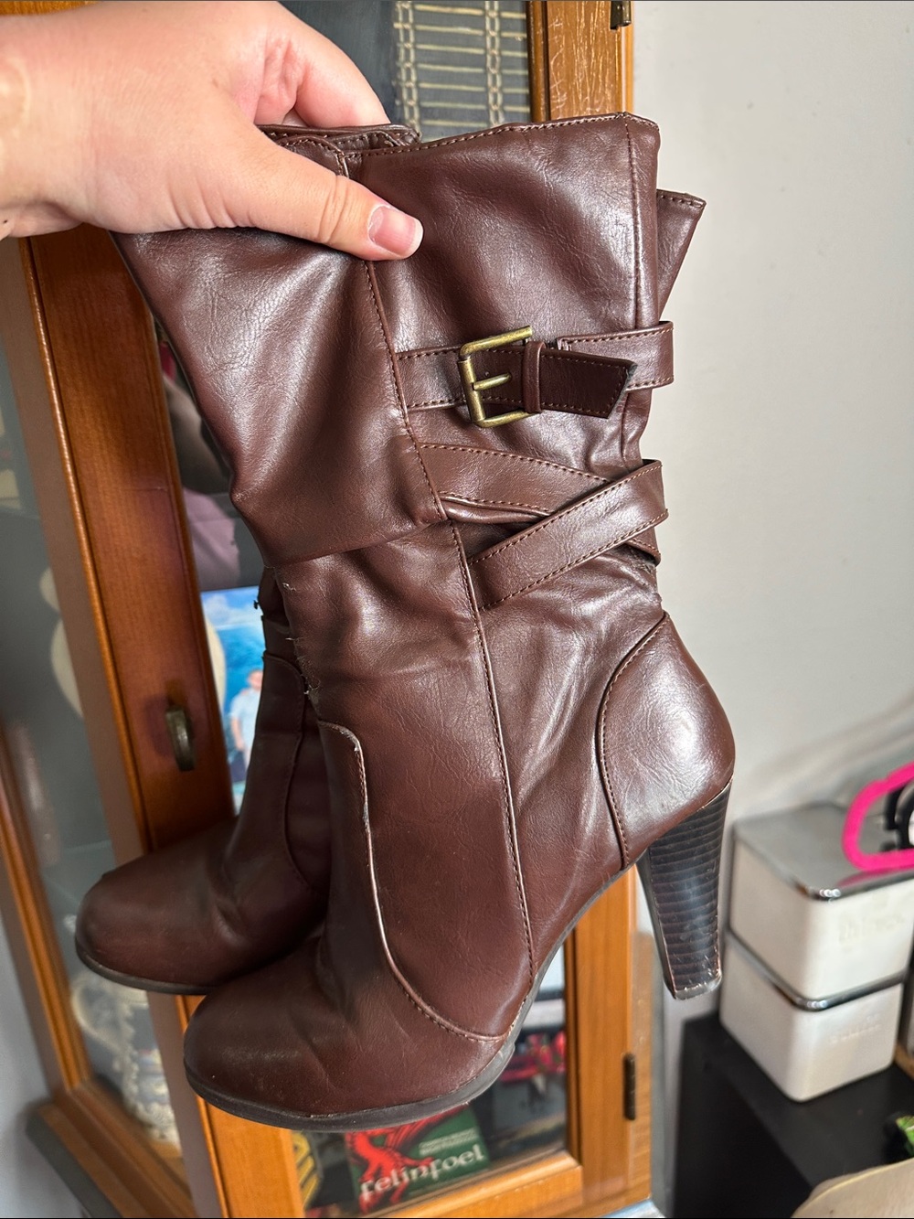 a.n.a Brown Mid-Calf Buckle Heeled Boots